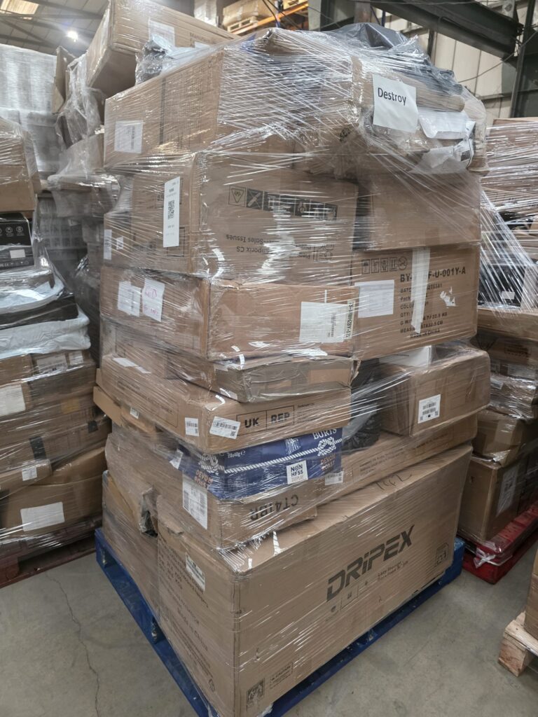 Close-up of wrapped cardboard boxes on an undelivered Amazon fulfillment pallet